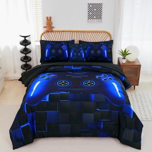 crevolis 6 Pieces Kids Game Comforter Set Full Size Blue Gamer Bedding