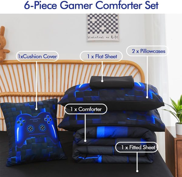 crevolis 6 Pieces Kids Game Comforter Set Full Size Blue Gamer Bedding - Image 2