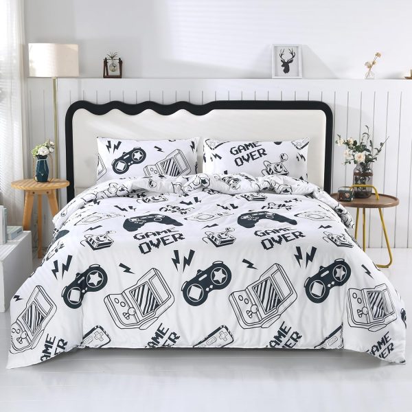 crevolis 3PCS White Gaming Comforter Set Full, Soft Microfiber Lightweight